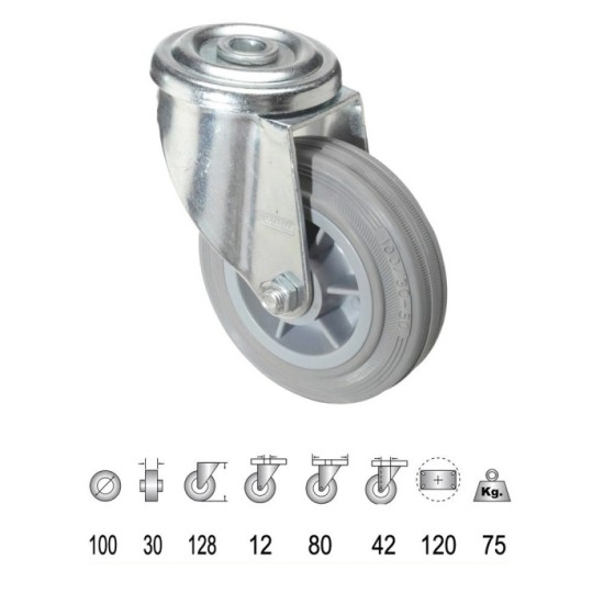 Rueda Industrial Goma Gris Pasante 100 mm, al por Mayor | Almacén de Ferretería
