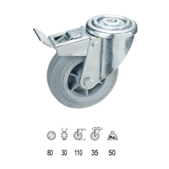 Rueda Industrial Goma Gris Pasante con freno  80mm al por Mayor | Almacén de Ferretería