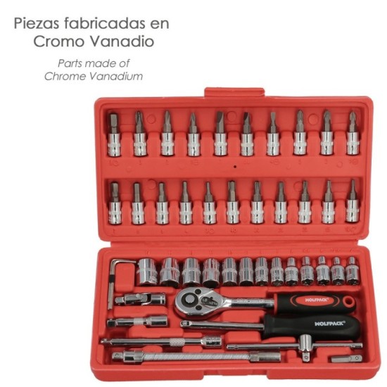 Juego Llaves De Vaso y Puntas 1/4" 46 Piezas, Con Apadtador, Cromo Vanadio, Kit Llave Combinada, Kit Carraca, Juego Llaves Vaso 