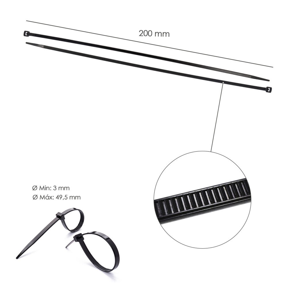 Brida Nylon 100%, Color Negro 4,5 x 200 mm, Bolsa 100 unidades, Abrazadera Plastico, Organizador Cables, Alta Resistencia al por