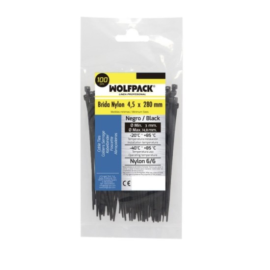 Brida Nylon 100%, Color Negro 4,5 x 280 mm, Bolsa 100 unidades, Abrazadera Plastico, Organizador Cables, Alta Resistencia al por