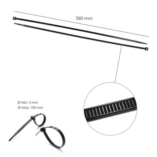 Brida Nylon 100%, Color Negro 4,5 x 360 mm, Bolsa 100 unidades, Abrazadera Plastico, Organizador Cables, Alta Resistencia al por