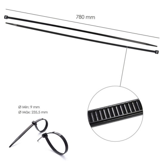 Brida Nylon 100%, Color Negro 9,0 x 780 mm, Bolsa 100 unidades, Abrazadera Plastico, Organizador Cables, Alta Resistencia al por