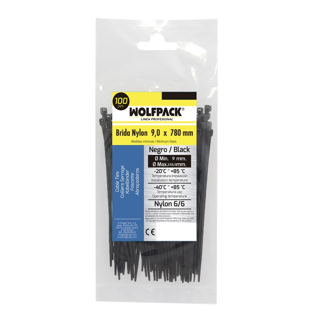 Brida Nylon 100%, Color Negro 9,0 x 780 mm, Bolsa 100 unidades, Abrazadera Plastico, Organizador Cables, Alta Resistencia al por