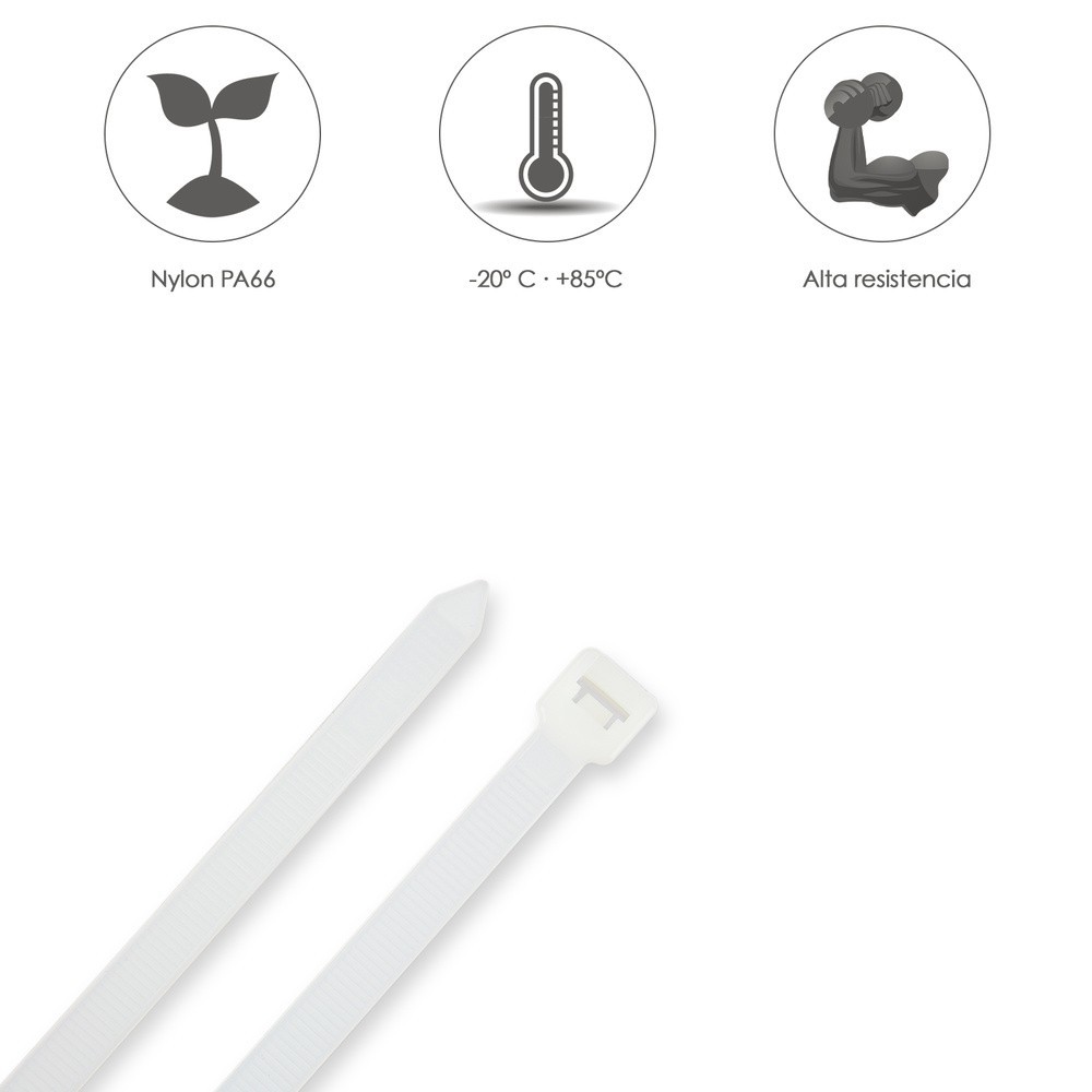Brida Nylon 100%, Color Blanco / Natural 3,5 x 280 mm, 100 Piezas, Abrazadera Plastico, Organizador Cables, Alta Resistencia al 