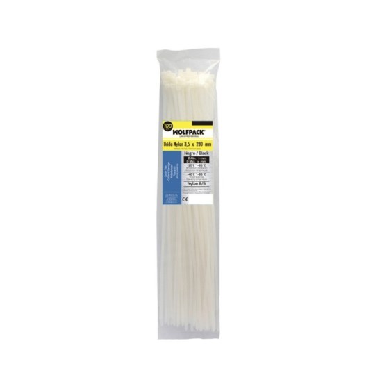 Brida Nylon 100%, Color Blanco / Natural 3,5 x 280 mm, 100 Piezas, Abrazadera Plastico, Organizador Cables, Alta Resistencia al 