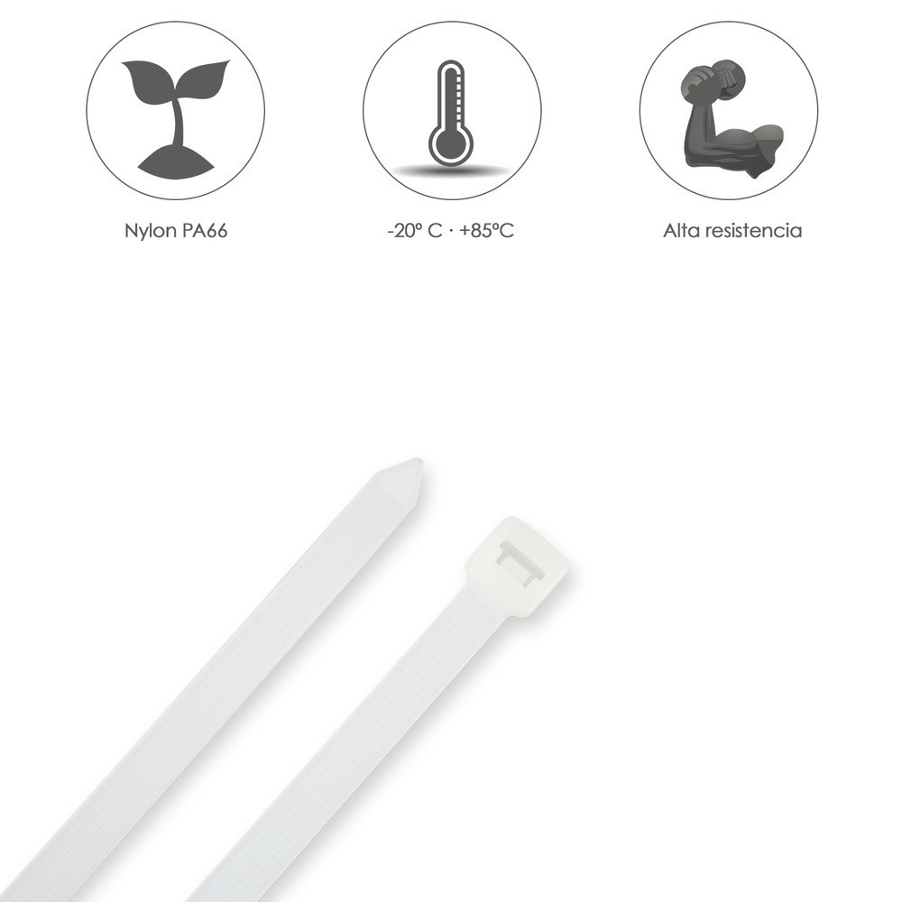 Brida Nylon 100%, Color Blanco / Natural 4,5 x 200 mm, 100 Piezas, Abrazadera Plastico, Organizador Cables, Alta Resistencia al 