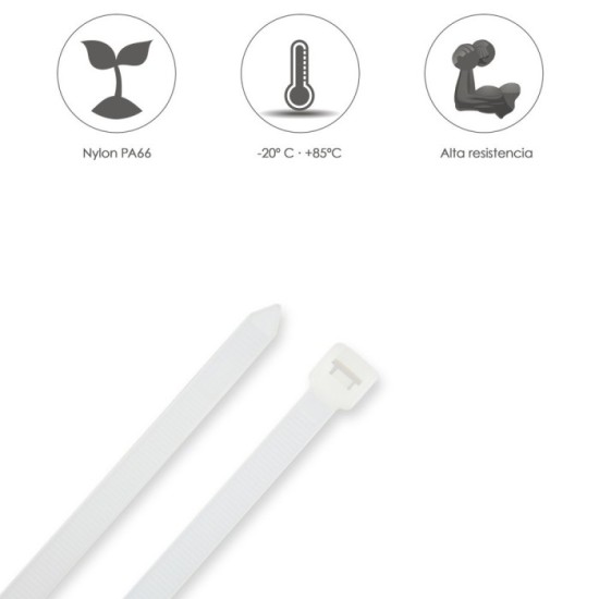 Brida Nylon 100%, Color Blanco / Natural 4,5 x 280 mm, 100 Piezas, Abrazadera Plastico, Organizador Cables, Alta Resistencia al 