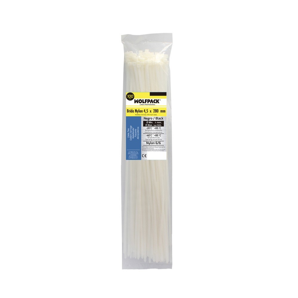 Brida Nylon 100%, Color Blanco / Natural 4,5 x 280 mm, 100 Piezas, Abrazadera Plastico, Organizador Cables, Alta Resistencia al 