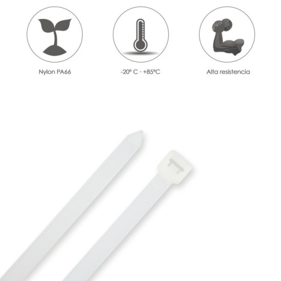 Brida Nylon 100%, Color Blanco / Natural 7,5 x 360 mm, 100 Piezas, Abrazadera Plastico, Organizador Cables, Alta Resistencia al 