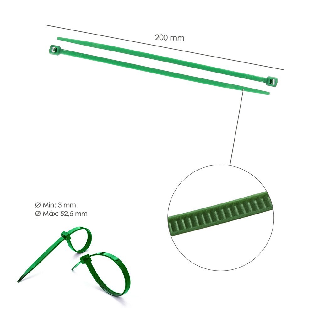 Brida Nylon 100%, Color Verde 3,6 x 200 mm, Bolsa 100 Unidades, Abrazadera Plastico, Organizador Cables, Alta Resistencia al por