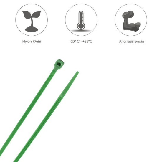 Brida Nylon 100%, Color Verde 4,6 x 200 mm, Bolsa 100 Unidades, Abrazadera Plastico, Organizador Cables, Alta Resistencia al por