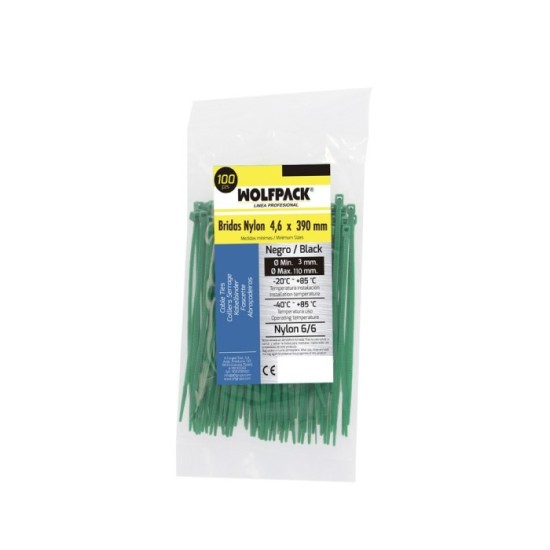 Brida Nylon 100%, Color Verde 4,6 x 390 mm, Bolsa 100 Unidades, AbraBridas Nylon 100% Verde 4,6x390 mm, (Bolsa 100 Unidades) al 