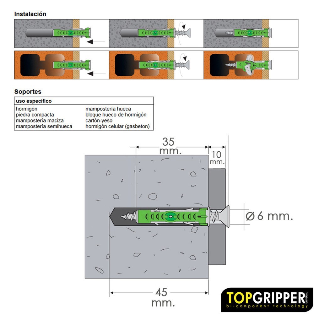 Taco Topgripper Bimaterial Ø 6 mm, (Caja 150 unidades) Taco Anclaje Universal, Taco Hormigon, Taco Pladur, Taco Ladrillo al por 