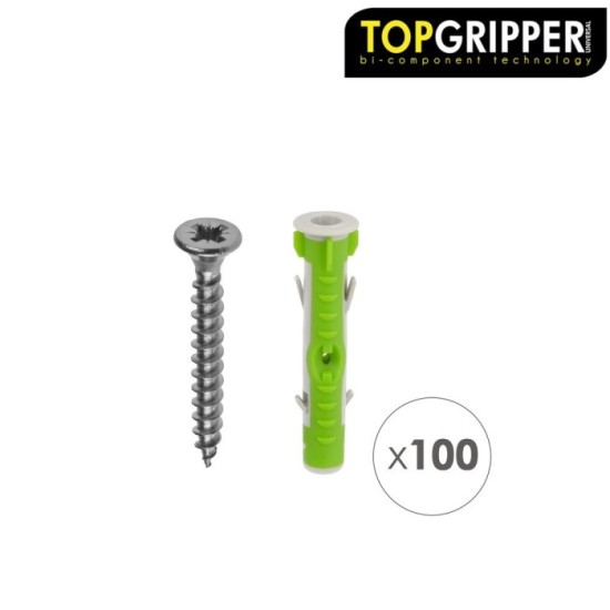 Cubo Tacos Topgripper Bimaterial Con Tornillos Ø 8 mm, 100 Piezas Taco Anclaje Universal, Taco Hormigon, Taco Pladur al por Mayo