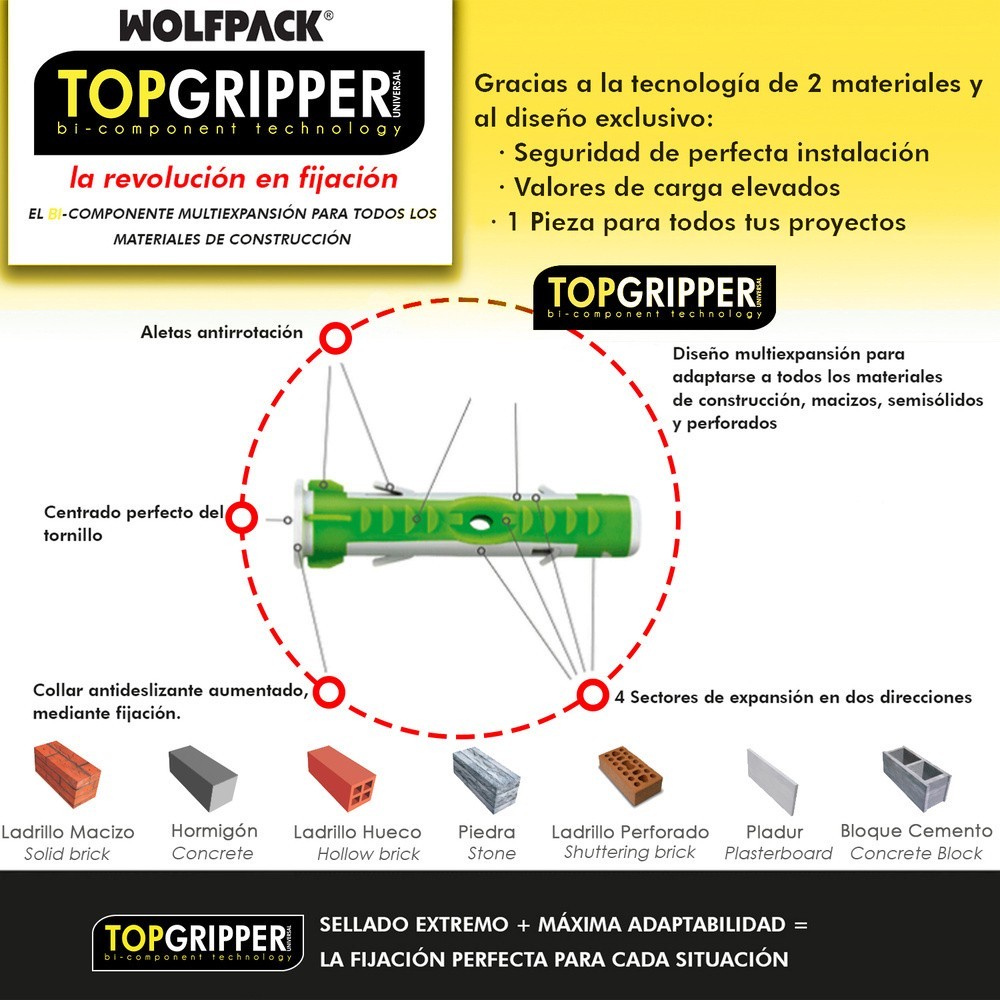 Blister Tacos Topgripper Bimaterial Con Tornillos Ø 5 mm, 50 Piezas Taco Anclaje Universal, Taco Hormigon, Taco Pladur, al por M