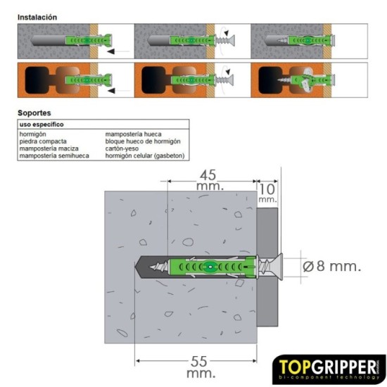 Blister Tacos Topgripper Bimaterial Con Tornillos Ø 8 mm, 20 Piezas Taco Anclaje Universal, Taco Hormigon, Taco Pladur al por Ma