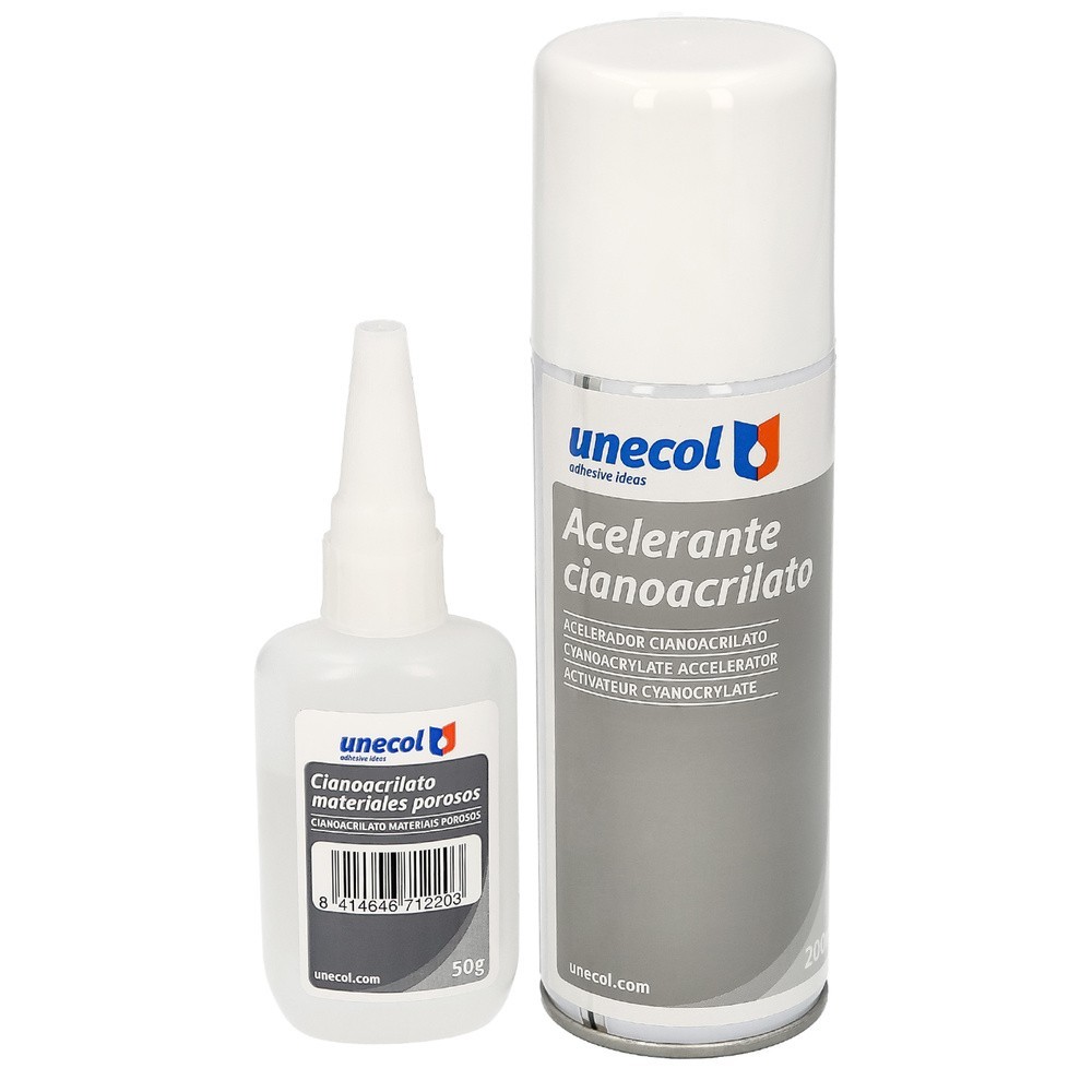 Pegamento Cianoacrilato (50 Gr,) con Acelerante (200ml) Especial materiales porosos, multiusos, plasticos, maderas, porcelana, a