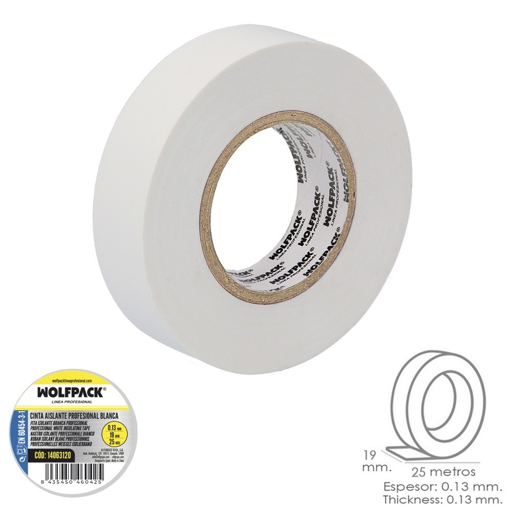 Cinta Aislante Profesional Blanca Espesor 0,13 mm, Ancho 19 mm, Rollo 25 Metros Cinta Electricista, Cinta Aislante Cables al por