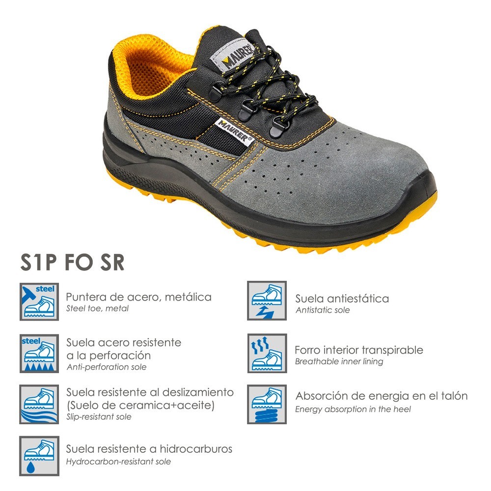 Zapato Seguridad Maurer S1 Modelo Vittoria Transpirables concon suela y puntera antiperforación Talla 38, al por Mayor | Almacén