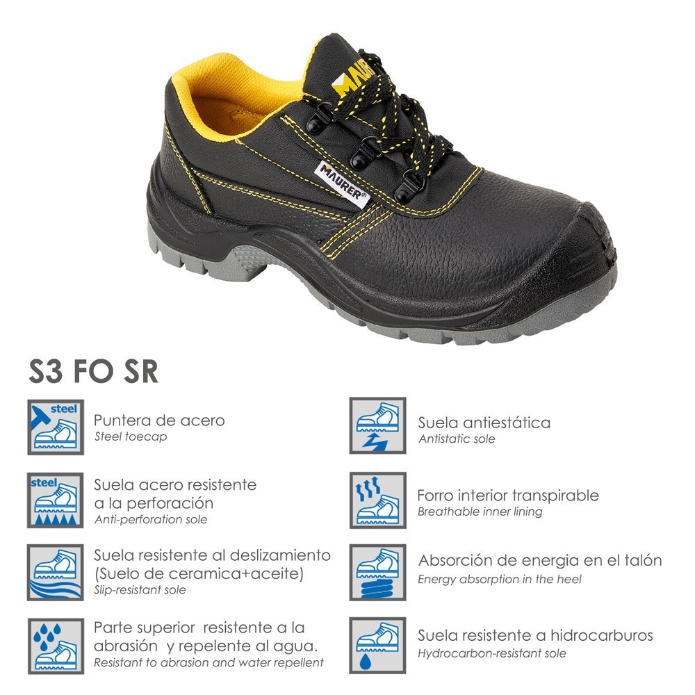 Zapato Bajo Seguridad Maurer S3 Modelo Capua Antideslizante Con Suela y Puntera Antiperación y Resistencia A Hidrocarburos Nº 37