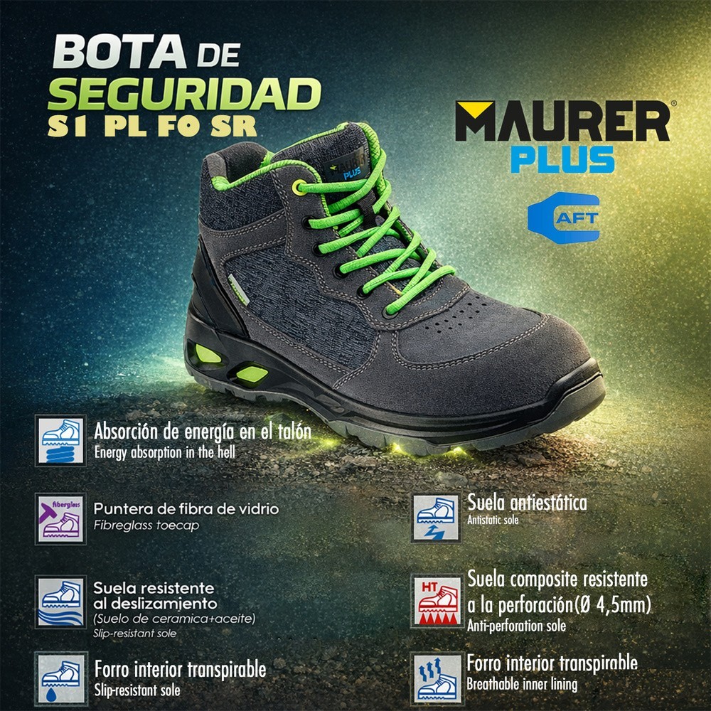 Botas Seguridad Maurer S1 Modelo Arlaz Antideslizante con suela y puntera antiperforación, Resistencia a los Hidrocarburos Nº 42