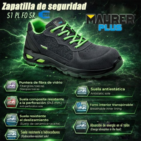 Zapatos Seguridad Maurer S1 Modelo Arlaz Antideslizante con Suela Composite y Resistencia a los Hidrocarburos, Talla 43, al por 