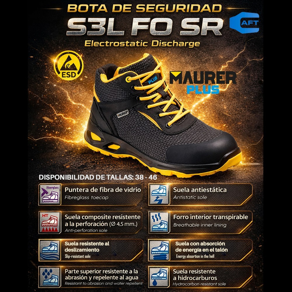 Botas Seguridad Maurer S3 Modelo Amerina Antideslizante con Suela Resistente a los Hidrocarburos, Talla 45, al por Mayor | Almac
