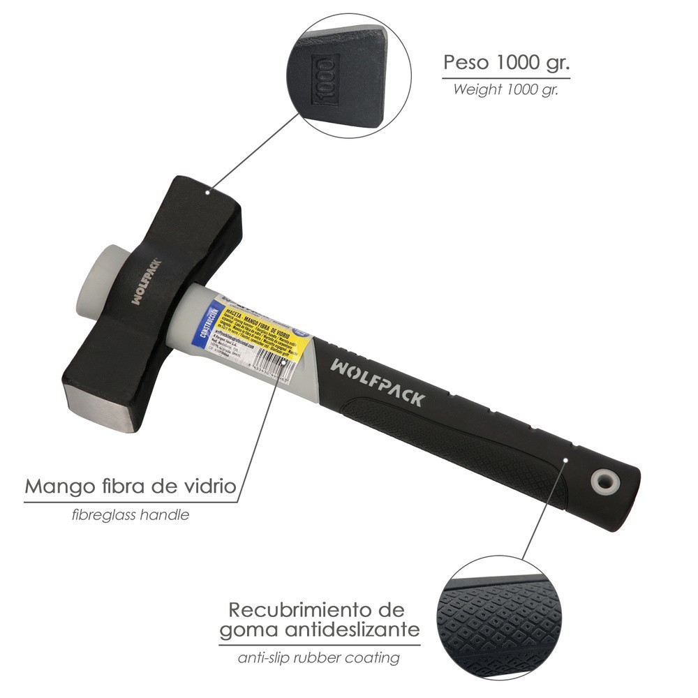 Maceta Mango Fibra Vidrio Mango Fibra Vidrio Con Empuñadura Antideslizante, 1000 Gramos 28 cm, al por Mayor | Almacén de Ferrete