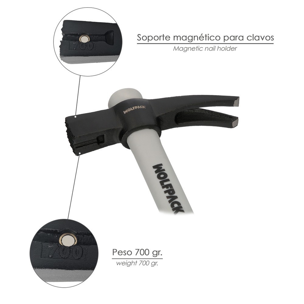 Martillo Encofrador Magentico Fibra Vidrio Mango Fibra Vidrio Con Empuñadura Antideslizante, 700 Gramos 50 cm, al por Mayor | Al
