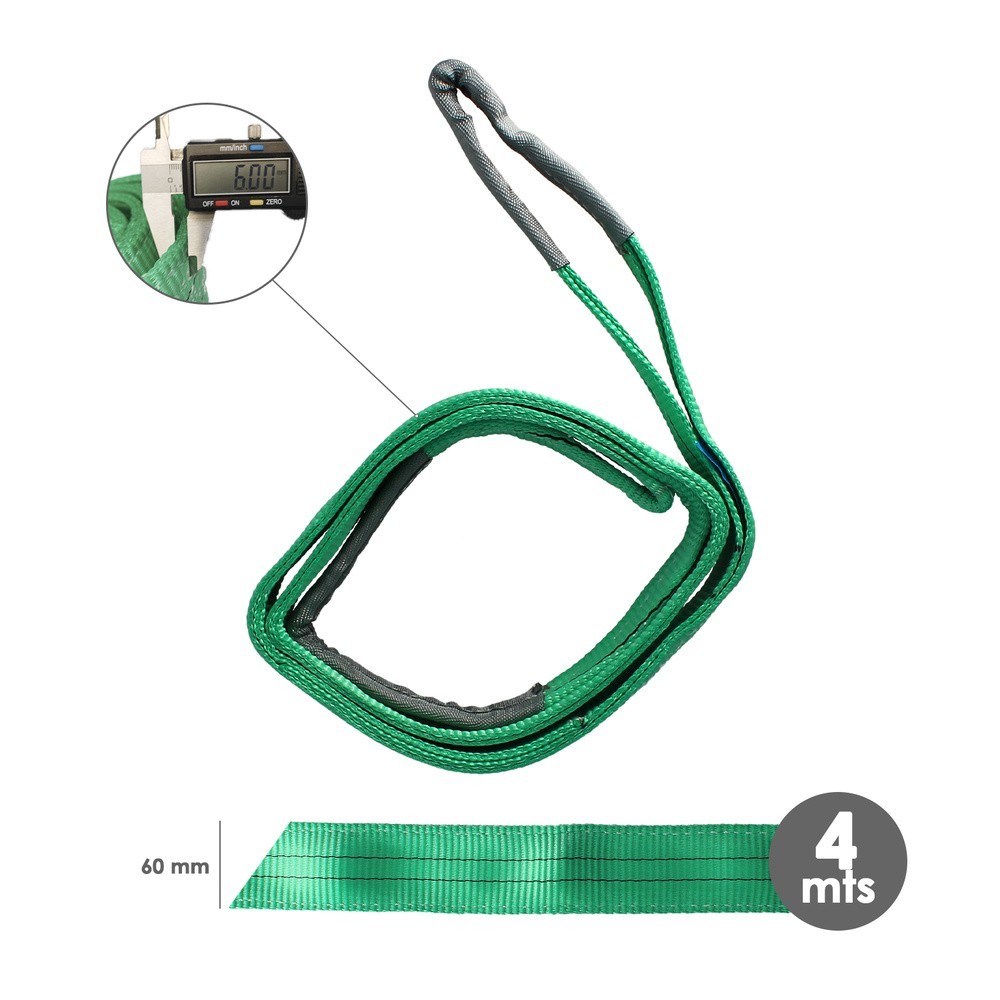Eslinga Plana Doble Banda 2,000 Kg, Factor Seguridad 7:1, Longitud: 4 Metros Ancho 6 cm, 100% Poliester, Color Verde al por Mayo