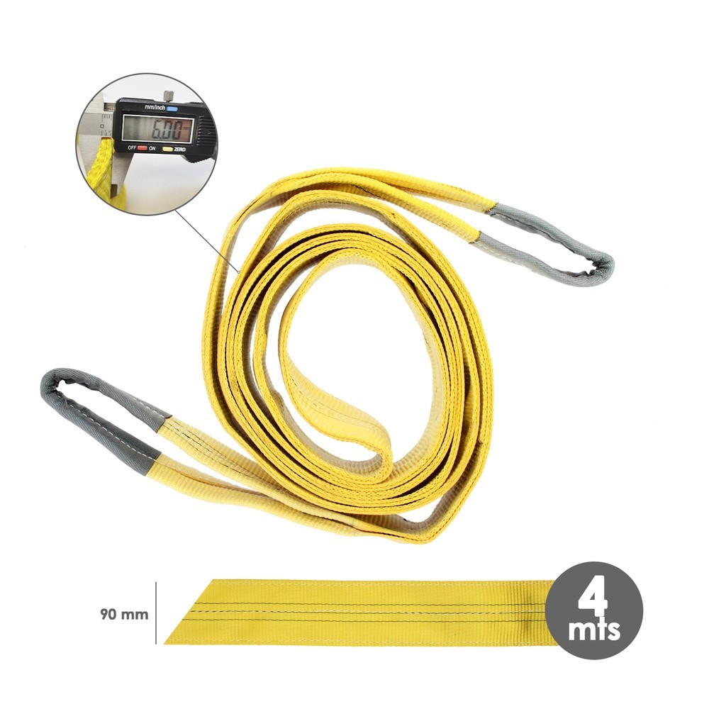 Eslinga Plana Doble Banda 3,000 Kg, Factor Seguridad 7:1, Longitud: 4 Metros Ancho 9 cm, 100% Poliester, Color Amarilla al por M