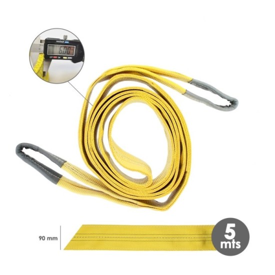 Eslinga Plana Doble Banda 3,000 Kg, Factor Seguridad 7:1, Longitud: 5 Metros Ancho 9 cm, 100% Poliester, Color Amarilla al por M