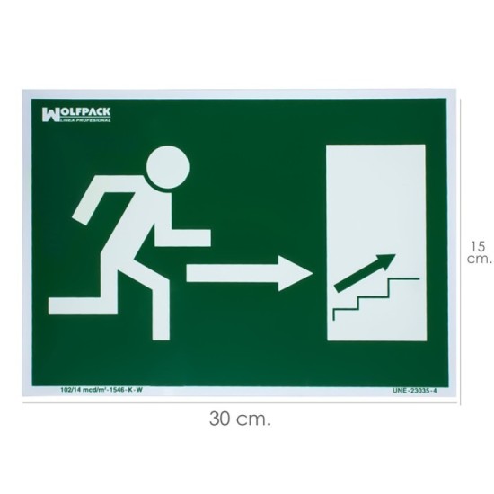 Cartel / Señal Fluorescente Salida Escalera Derecha Arriba 30 x 21 (Alt,) cm, al por Mayor | Almacén de Ferretería