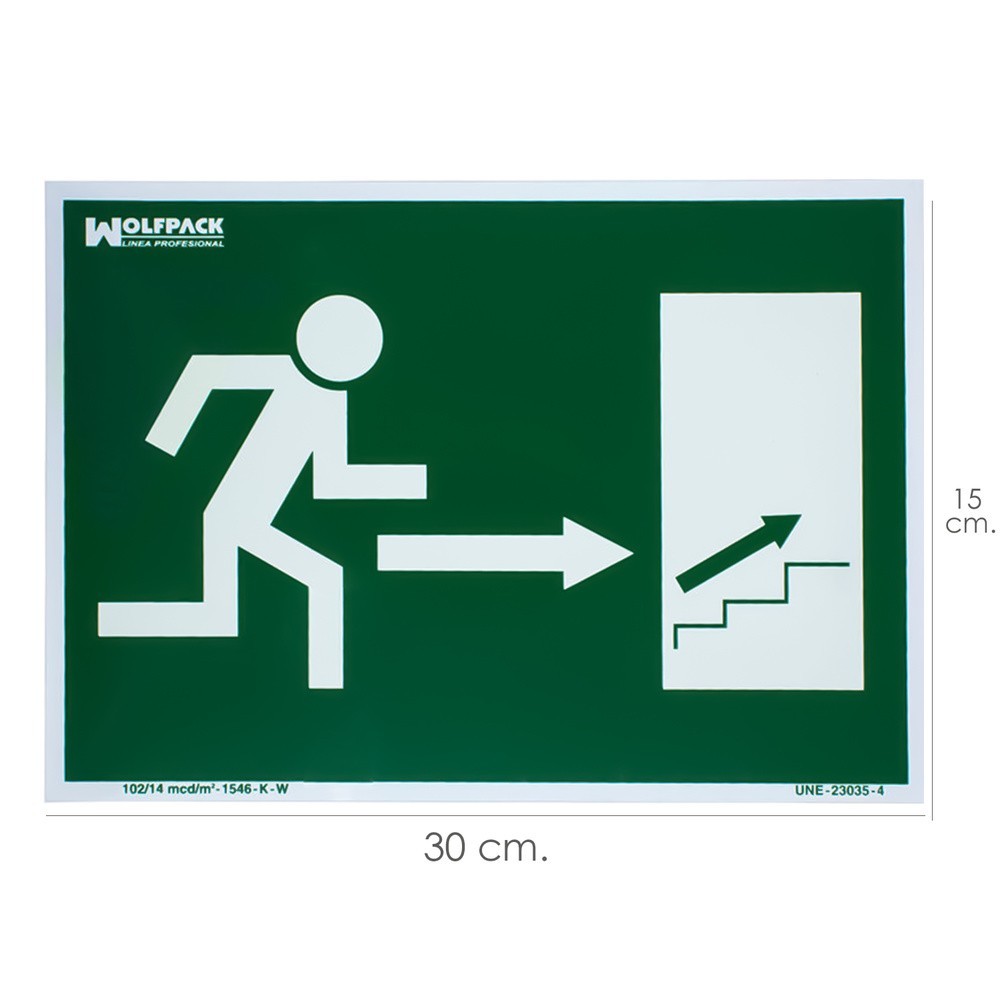 Cartel / Señal Fluorescente Salida Escalera Derecha Arriba 30 x 21 (Alt,) cm, al por Mayor | Almacén de Ferretería