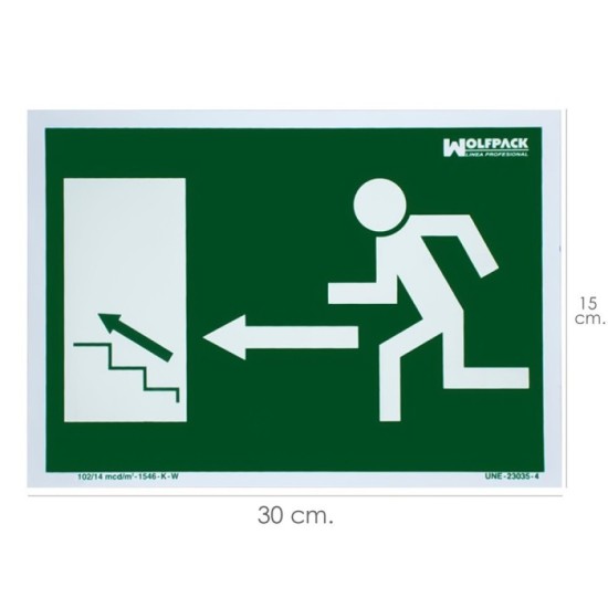 Cartel / Señal Fluorescente Salida Escalera Izquierda Arriba 30 x 21 (Alt,) cm, al por Mayor | Almacén de Ferretería