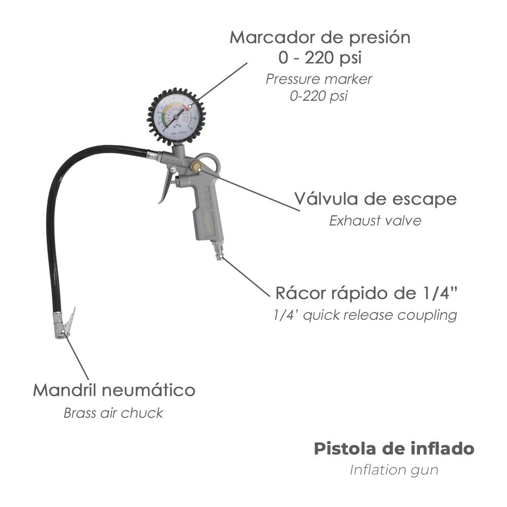 Pistola Para Inflado De Neumáticos Con Manometro, Inflador de Neumaticos, Pistola Aire Comprimido Neumaticos, Pistola Compresor 