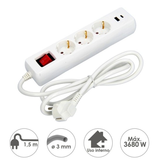 Base Multiple 3 Tomas Schucko y 2 tomas USB (A / C) Con Interruptor y Toma de Tierra al por Mayor | Almacén de Ferretería