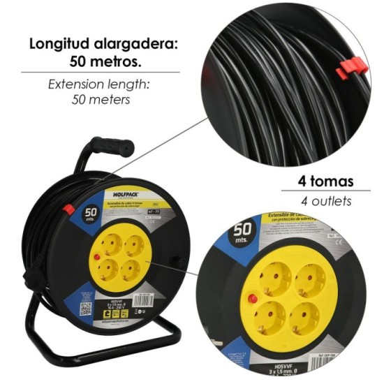 Extensible Industrial 4 Tomas 50 Metros 3 x 1,5 mm, con Protección Sobrecarga al por Mayor | Almacén de Ferretería