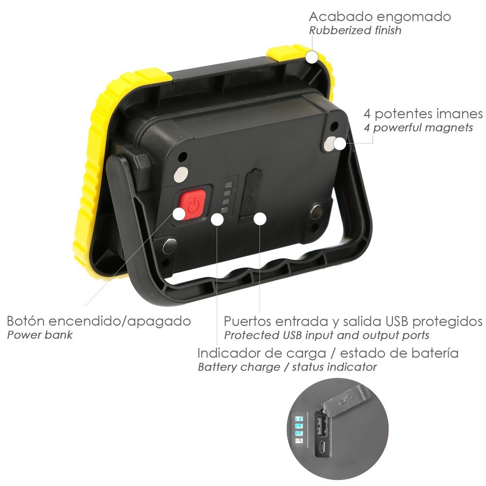 Linterna de Trabajo Led  Multifunción Recargable 2,000 mAh, / 10 W, / 500 Lúmenes / 4 Imanes / Bateria Externa / Soporte 180º al