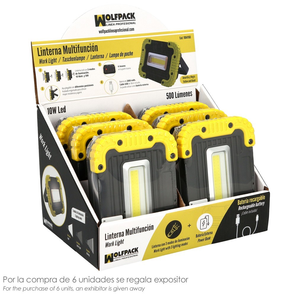 Linterna de Trabajo Led  Multifunción Recargable 2,000 mAh, / 10 W, / 500 Lúmenes / 4 Imanes / Bateria Externa / Soporte 180º al