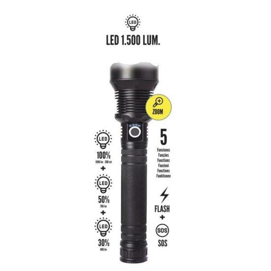 Linterna Led Aluminio Recargable 1500 Lumenes al por Mayor | Almacén de Ferretería