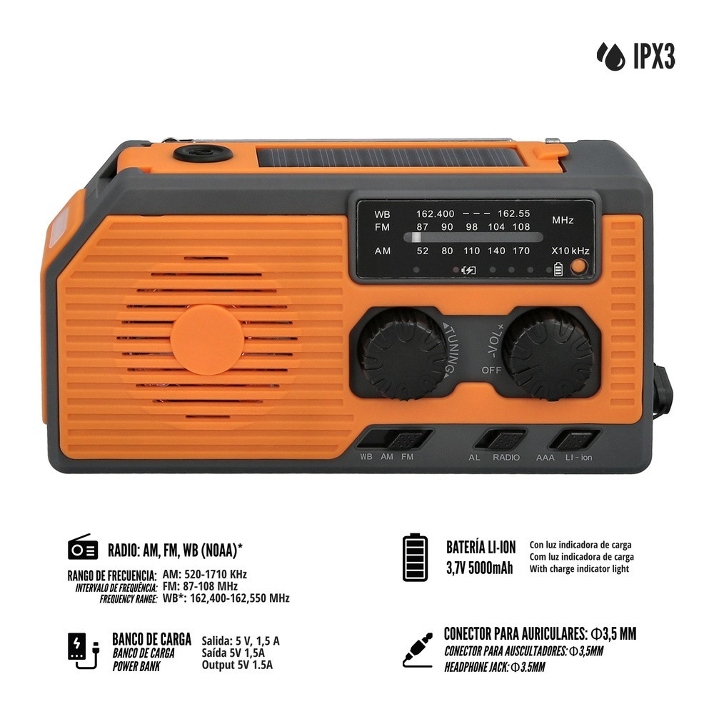 Linterna Led De Emergencia Solar Con Radio, Con Bateria, Carga Manual Dinamo al por Mayor | Almacén de Ferretería