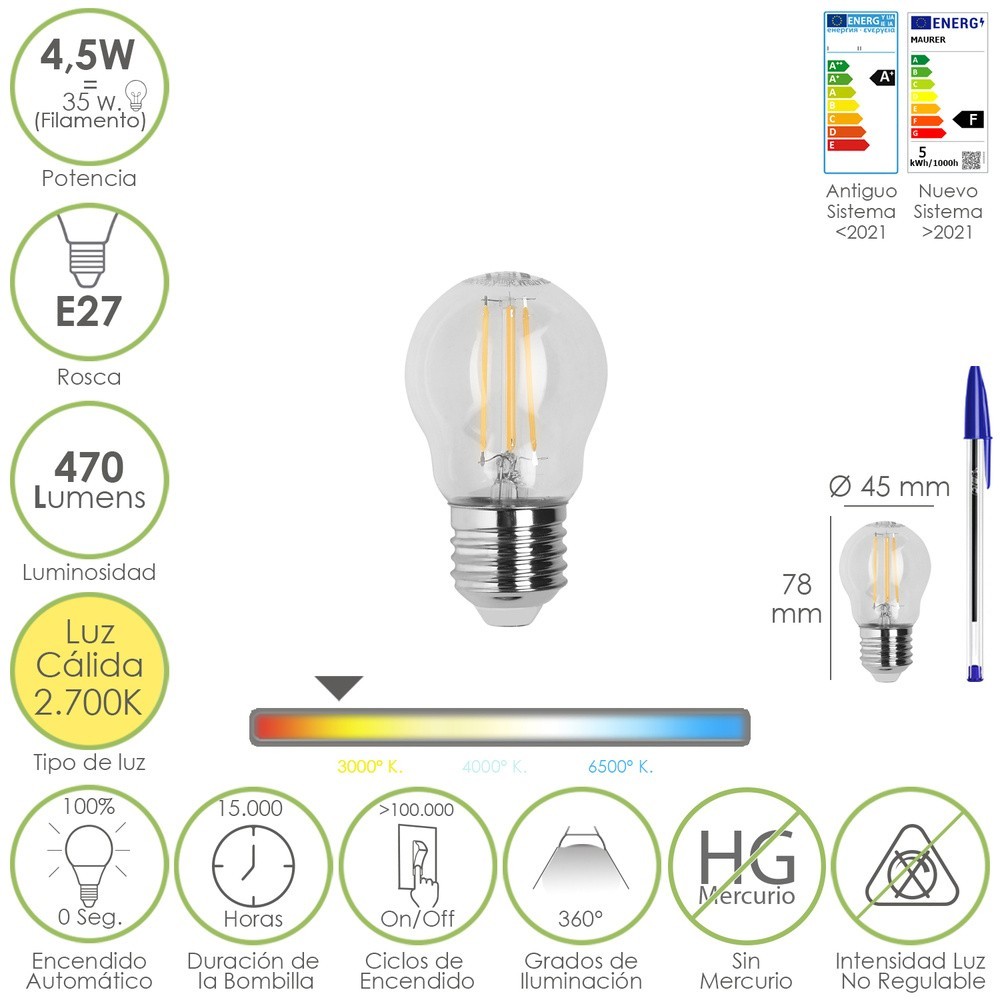 Bombilla Led Filamento Esfera Rosca E27, 4,5 Watt, Equivale A 35 Watt, 470 Lumenes, Luz Calida 2700º K, al por Mayor | Almacén d
