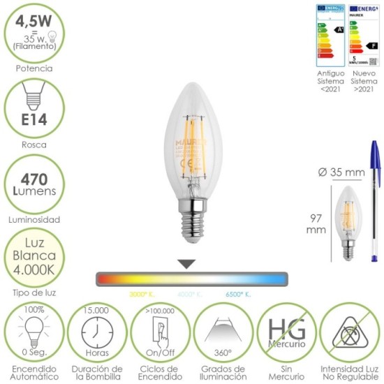 Bombilla Led Filamento Vela Rosca E14, 4,5 Watt, Equivale A 35 Watt, 470 Lumenes, Luz Neutra 4000º K, al por Mayor | Almacén de 