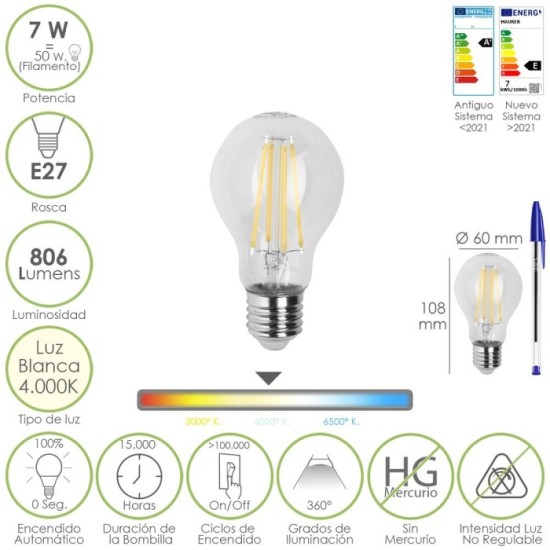 Bombilla Led Filamento Standar Rosca E27, 7 Watt, Equivale A 50 Watt, 806 Lumenes, Luz Neutra 4000º K, al por Mayor | Almacén de