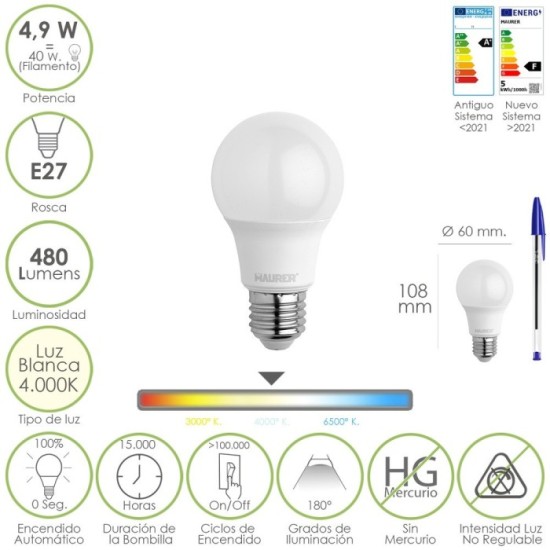 Bombilla Led Estandar Rosca E27, 4,9 Watt, Equivale A 40 Watt, 480 Lumenes, Luz Blanca (4000º K,) al por Mayor | Almacén de Ferr