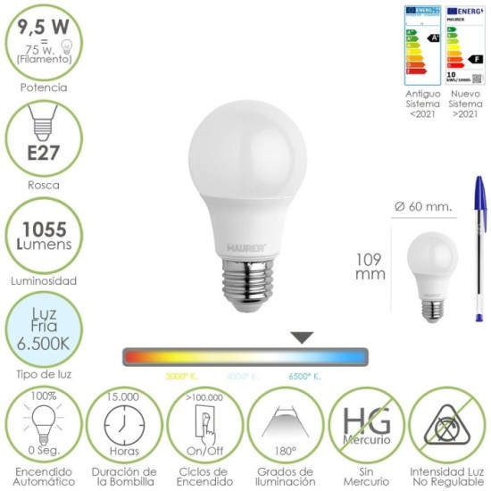 Bombilla Led Estandar Rosca E27, 9,5 Watt, Equivale A 75 Watt, 1055 Lumenes, Luz Fría (6500º K,) al por Mayor | Almacén de Ferre