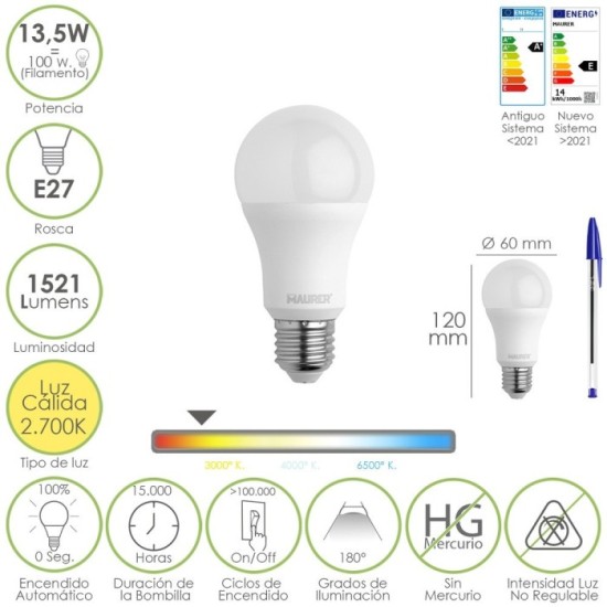 Bombilla Led Estandar Rosca E27, 13,5 Watt, Equivale A 100 Watt, 1521 Lumenes, Luz Calida (3000º K,) al por Mayor | Almacén de F