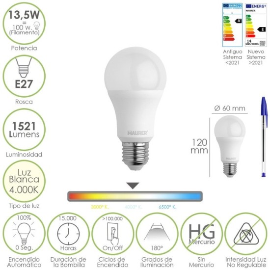 Bombilla Led Estandar Rosca E27, 13,5 Watt, Equivale A 100 Watt, 1521 Lumenes, Luz Neutra (4000º K,) al por Mayor | Almacén de F